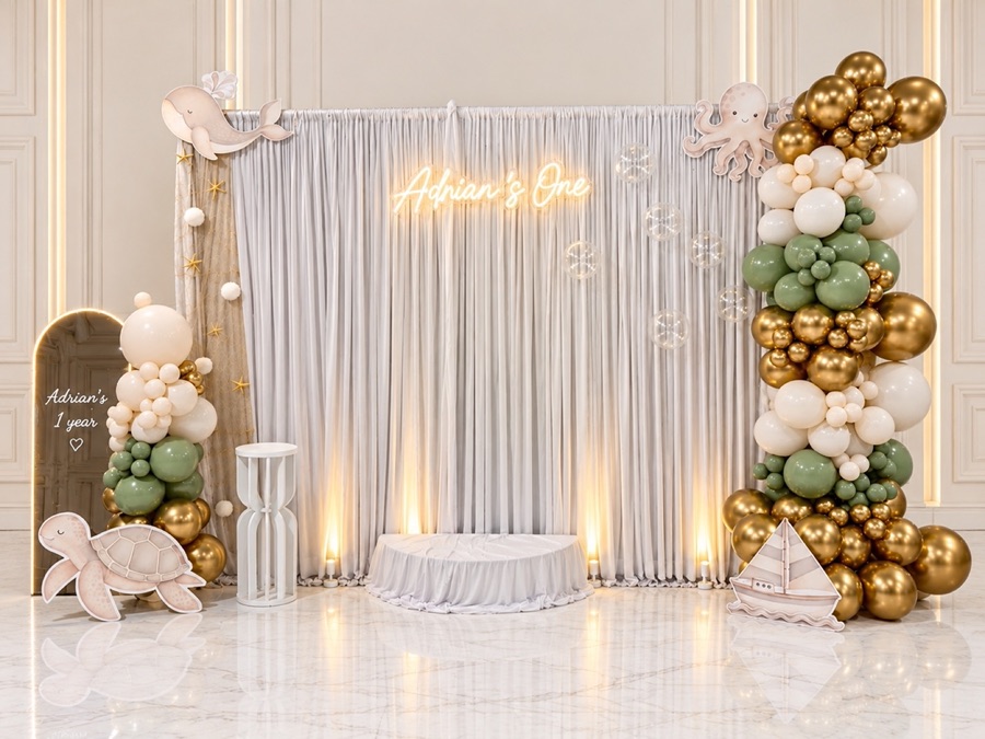 Sage, cream and gold first birthday backdrop with drapes and neon sign